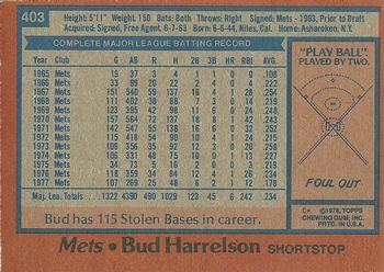 1978 Topps #403 Bud Harrelson Back