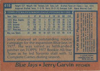 1978 Topps #419 Jerry Garvin Back