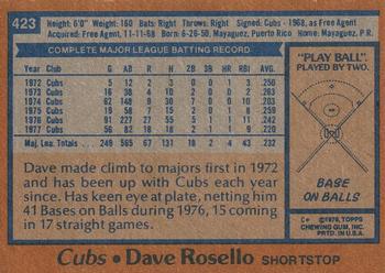 1978 Topps #423 Dave Rosello Back