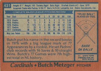 1978 Topps #431 Butch Metzger Back