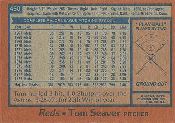 1978 Topps #450 Tom Seaver Back