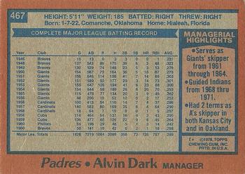 1978 Topps #467 Alvin Dark Back