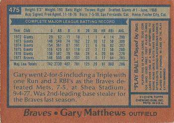 1978 Topps #475 Gary Matthews Back