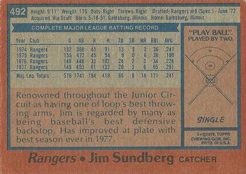 1978 Topps #492 Jim Sundberg Back