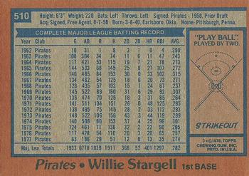 1978 Topps #510 Willie Stargell Back