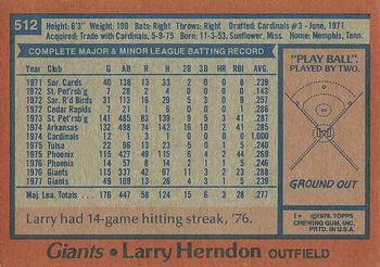 1978 Topps #512 Larry Herndon Back
