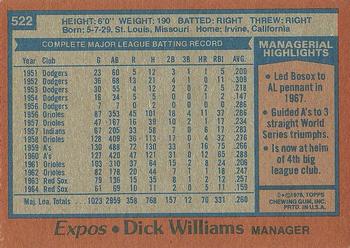 1978 Topps #522 Dick Williams Back