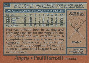 1978 Topps #529 Paul Hartzell Back
