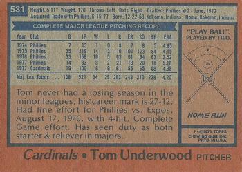 1978 Topps #531 Tom Underwood Back