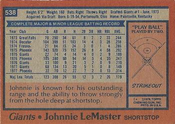 1978 Topps #538 Johnnie LeMaster Back