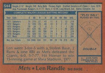 1978 Topps #544 Len Randle Back