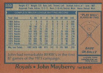 1978 Topps #550 John Mayberry Back