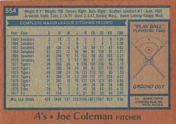 1978 Topps #554 Joe Coleman Back