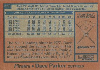 1978 Topps #560 Dave Parker Back