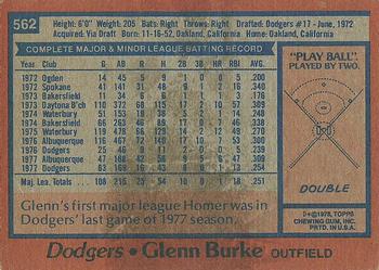 1978 Topps #562 Glenn Burke Back