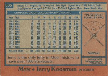 1978 Topps #565 Jerry Koosman Back
