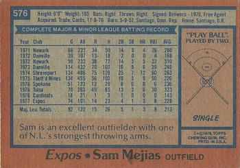 1978 Topps #576 Sam Mejias Back