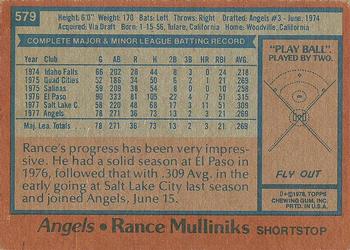 1978 Topps #579 Rance Mulliniks Back
