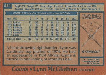 1978 Topps #581 Lynn McGlothen Back