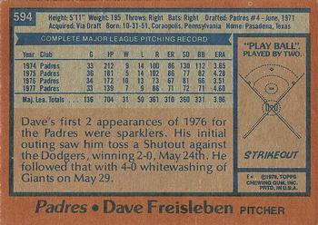 1978 Topps #594 Dave Freisleben Back