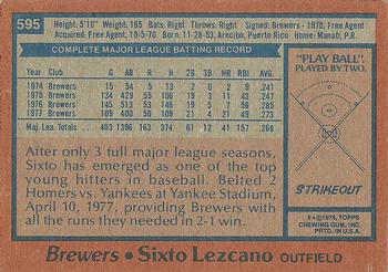 1978 Topps #595 Sixto Lezcano Back