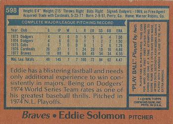 1978 Topps #598 Eddie Solomon Back
