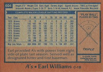 1978 Topps #604 Earl Williams Back