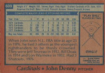 1978 Topps #609 John Denny Back