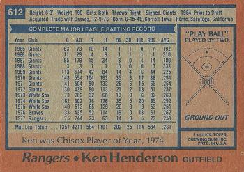 1978 Topps #612 Ken Henderson Back