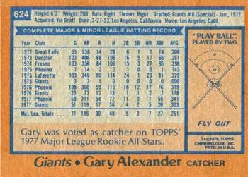1978 Topps #624 Gary Alexander Back