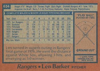 1978 Topps #634 Len Barker Back