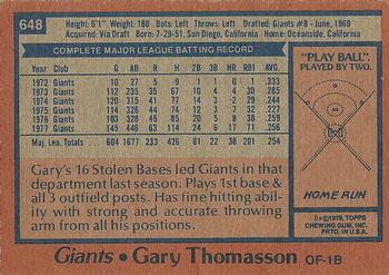 1978 Topps #648 Gary Thomasson Back