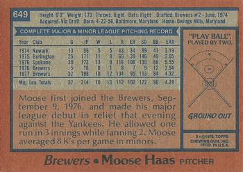 1978 Topps #649 Moose Haas Back