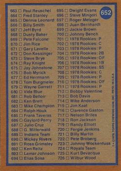 1978 Topps #652 Checklist: 606-726 Back