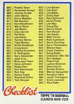 1978 Topps #652 Checklist: 606-726 Front