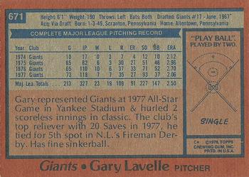 1978 Topps #671 Gary Lavelle Back