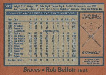 1978 Topps #681 Rob Belloir Back