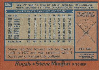 1978 Topps #696 Steve Mingori Back