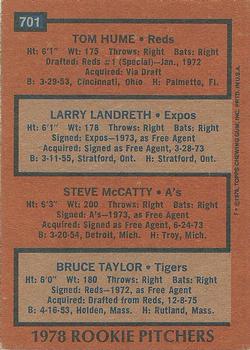1978 Topps #701 1978 Rookie Pitchers (Tom Hume / Larry Landreth / Steve McCatty / Bruce Taylor) Back