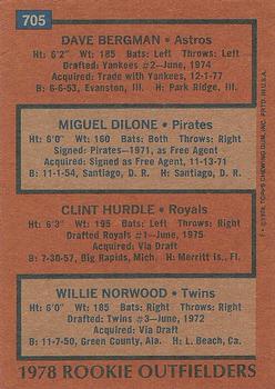 1978 Topps #705 1978 Rookie Outfielders (Dave Bergman / Miguel Dilone / Clint Hurdle / Willie Norwood) Back
