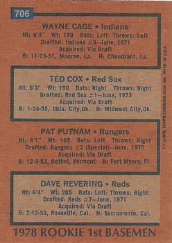 1978 Topps #706 1978 Rookie First Basemen (Wayne Cage / Ted Cox / Pat Putnam / Dave Revering) Back