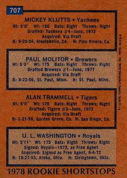 1978 Topps #707 1978 Rookie Shortstops (Mickey Klutts / Paul Molitor / Alan Trammell / U.L. Washington) Back