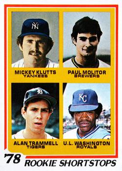 1978 Topps #707 1978 Rookie Shortstops (Mickey Klutts / Paul Molitor / Alan Trammell / U.L. Washington) Front
