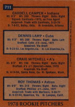 1978 Topps #711 1978 Rookie Pitchers (Cardell Camper / Dennis Lamp / Craig Mitchell / Roy Thomas) Back