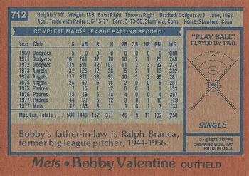 1978 Topps #712 Bobby Valentine Back