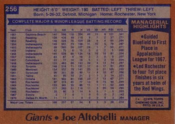 1978 Topps #256 Joe Altobelli Back