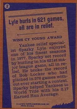 1978 Topps #2 Sparky Lyle Back