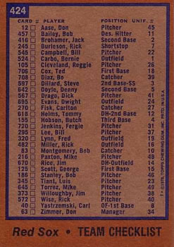 1978 Topps #424 Boston Red Sox Back