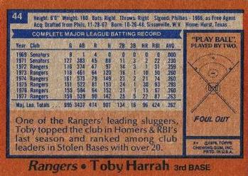 1978 Topps #44 Toby Harrah Back