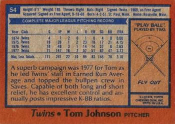 1978 Topps #54 Tom Johnson Back